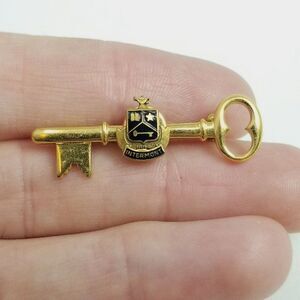 Vintage Skeleton Key Shape Brooch with Black Enamel Crest, Fraternity Style
